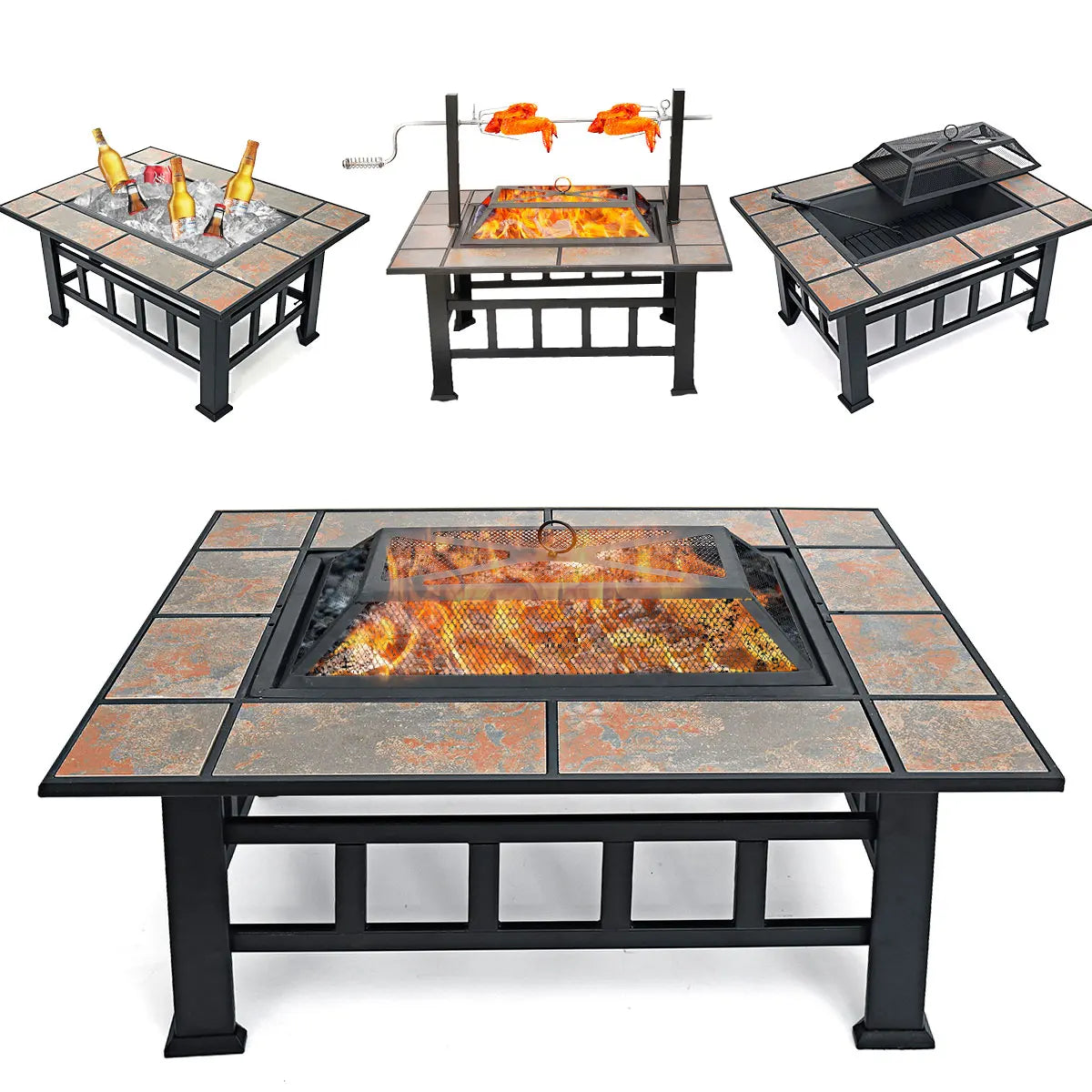 37" Outdoor Wood-Burning Fire Pit with Safety Screen, Steel Bowl & BBQ Grill Function