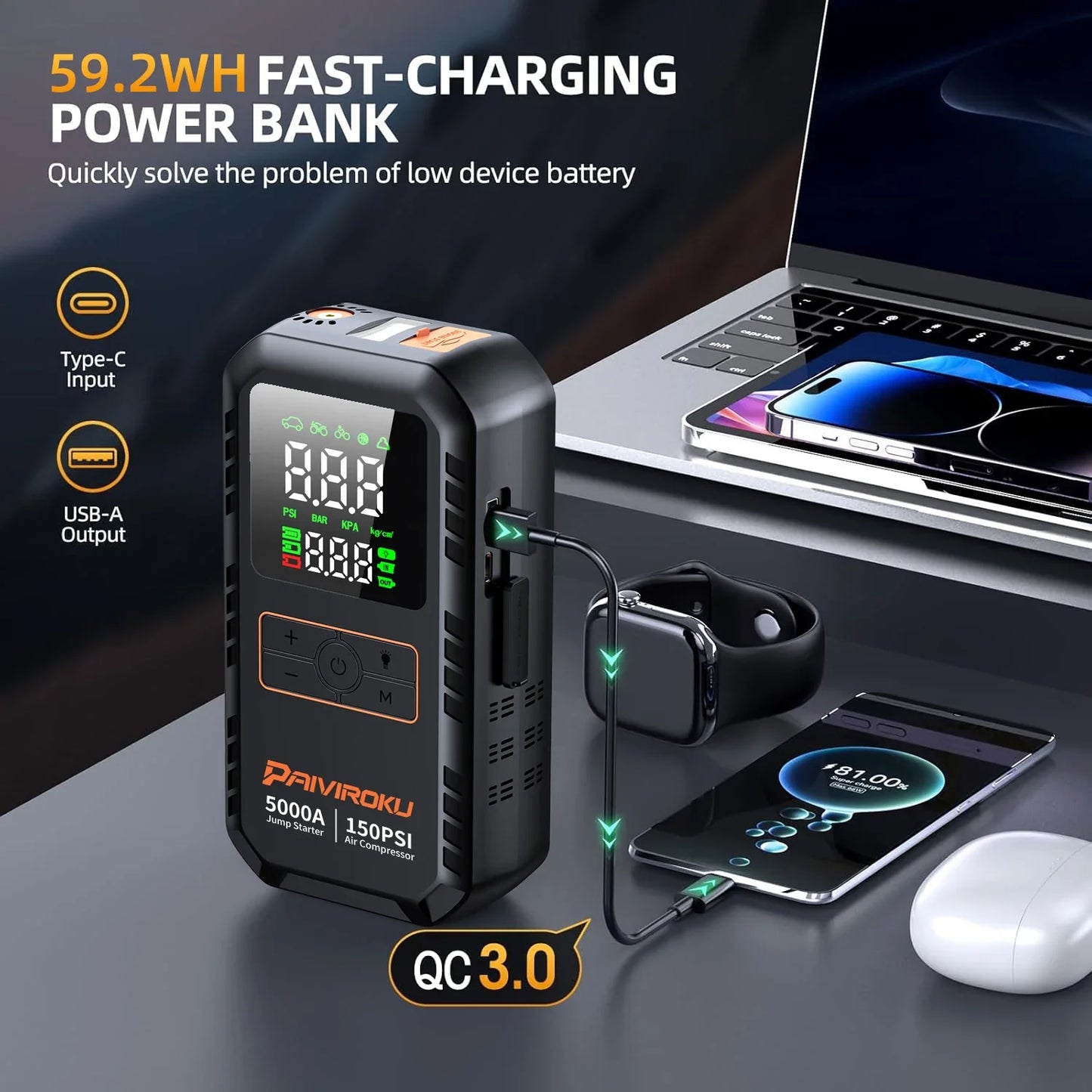 4-IN-1 Car Jump Starter with Air Compressor