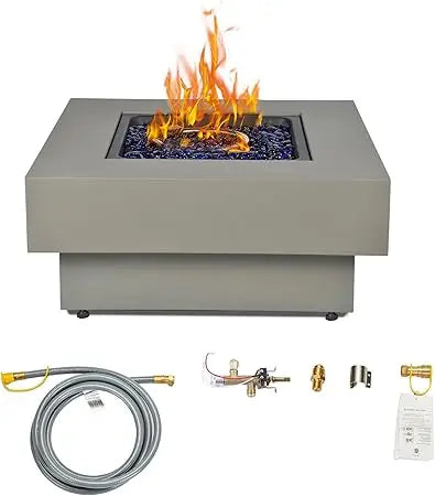 32.5-inch Fire Table with Natural Gas Conversion Kit, 50,000BTU Outdoor Modern Patio Fire Pit Table w/Square Burner Lid, Glass R