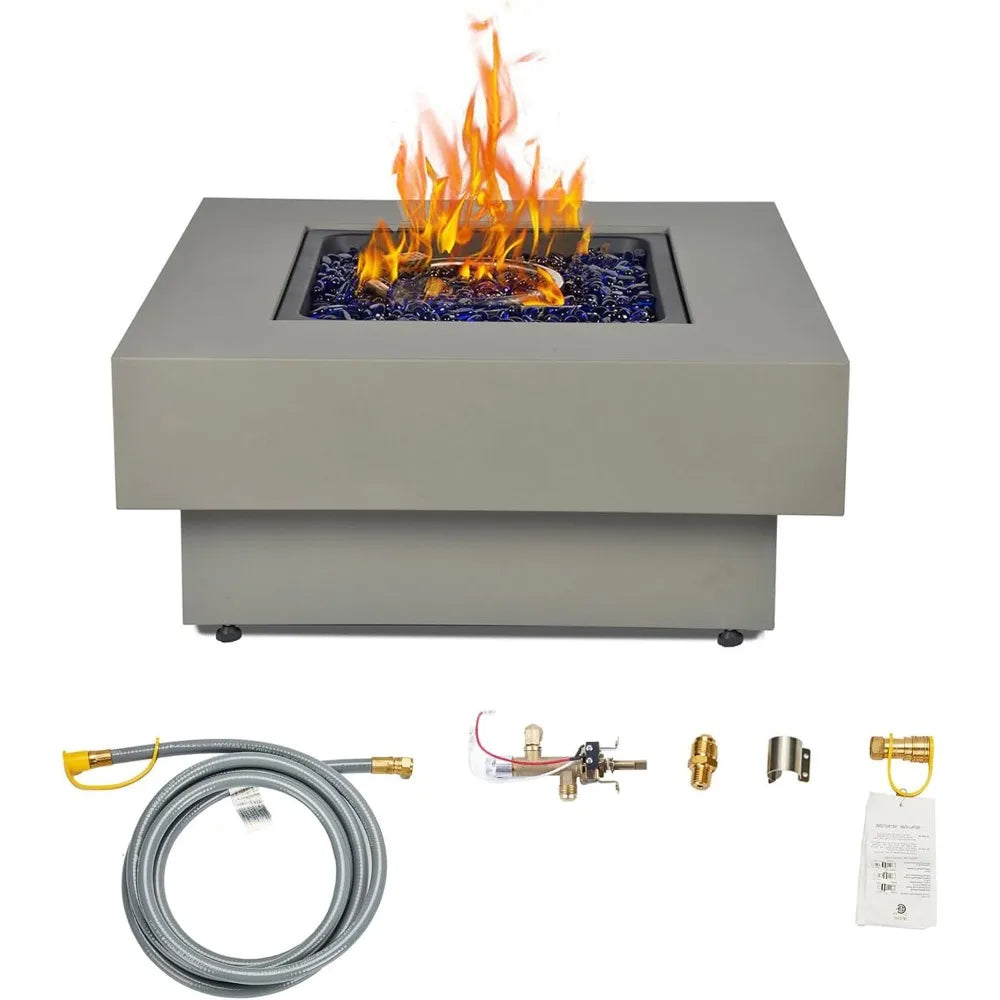 32.5-inch Fire Table with Natural Gas Conversion Kit, 50,000BTU Outdoor Modern Patio Fire Pit Table w/Square Burner Lid, Glass R