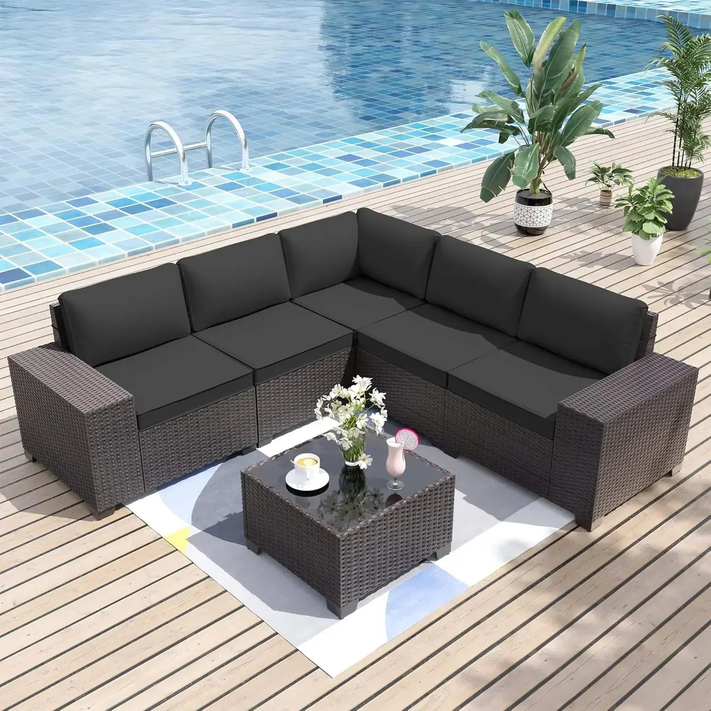 Patio Furniture Sets 6 Pieces Patio Sectional Outdoor Furniture Patio Sofa Chairs Set All Weather PE Rattan Wicker Couch Conver