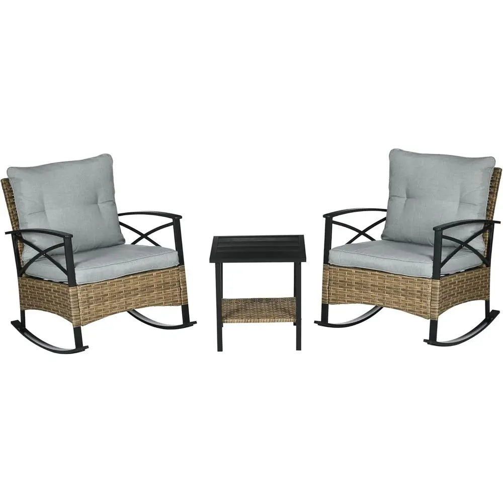 3-Piece Outdoor Wicker Rocking Chair Set with Cushions & 2-Tier Coffee Table, Light Gray