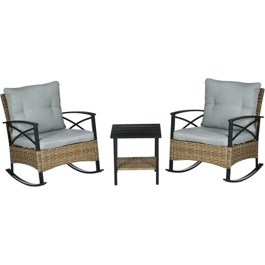 3-Piece Outdoor Wicker Rocking Chair Set with Cushions & 2-Tier Coffee Table, Light Gray