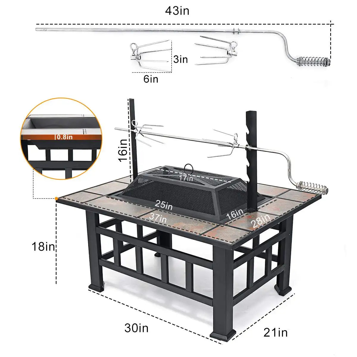 37" Outdoor Wood-Burning Fire Pit with Safety Screen, Steel Bowl & BBQ Grill Function