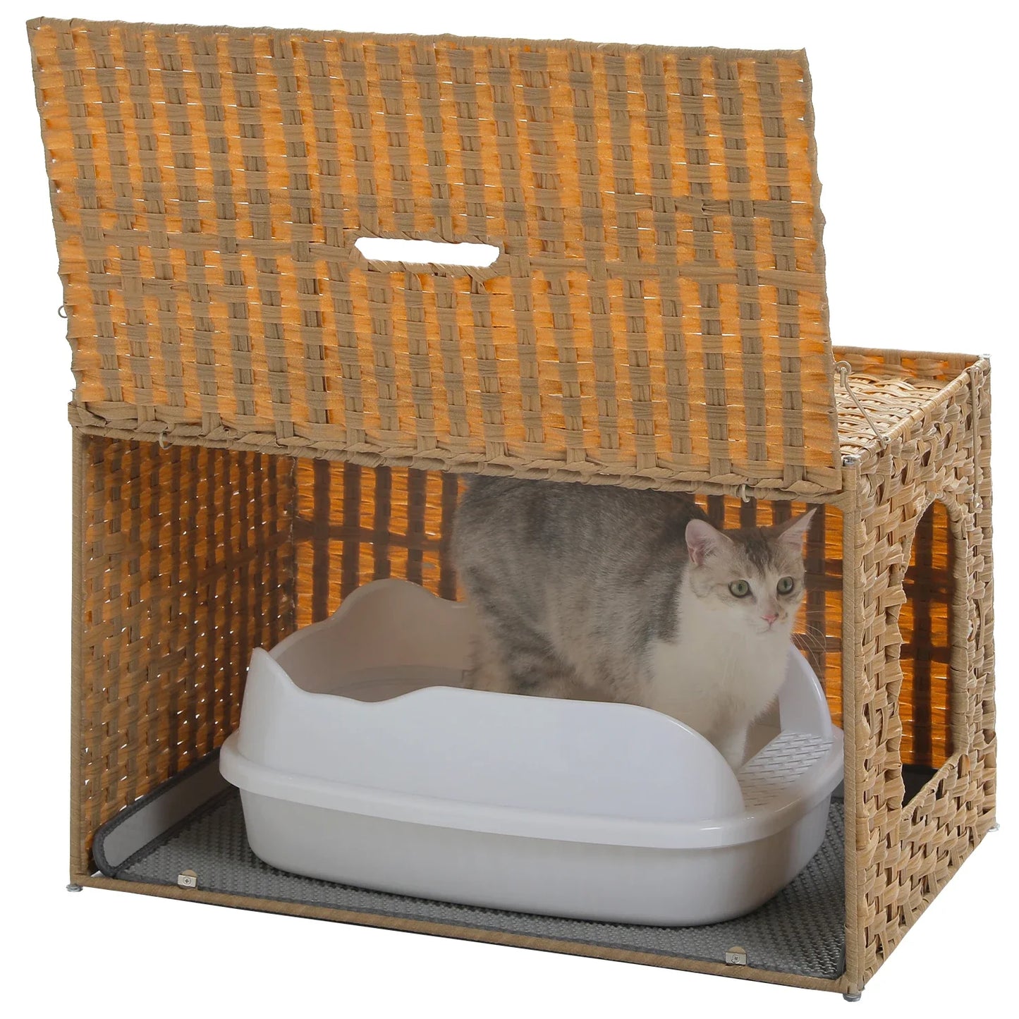Rattan Cat Litter Box Enclosure Furniture with Door, Handwoven Hidden Litter Box, Odor Control, Cat House Bed