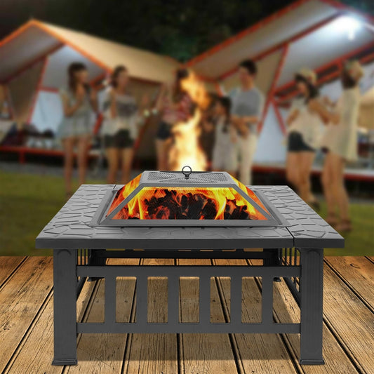 32 Inch Black Iron Fire Pit with Grill Pan Multifunctional Outdoor BBQ Grill and Ice Pit Rectangular Heater for Patio Lawn and Garden Warming Fire Bowl No Ignition Device Included