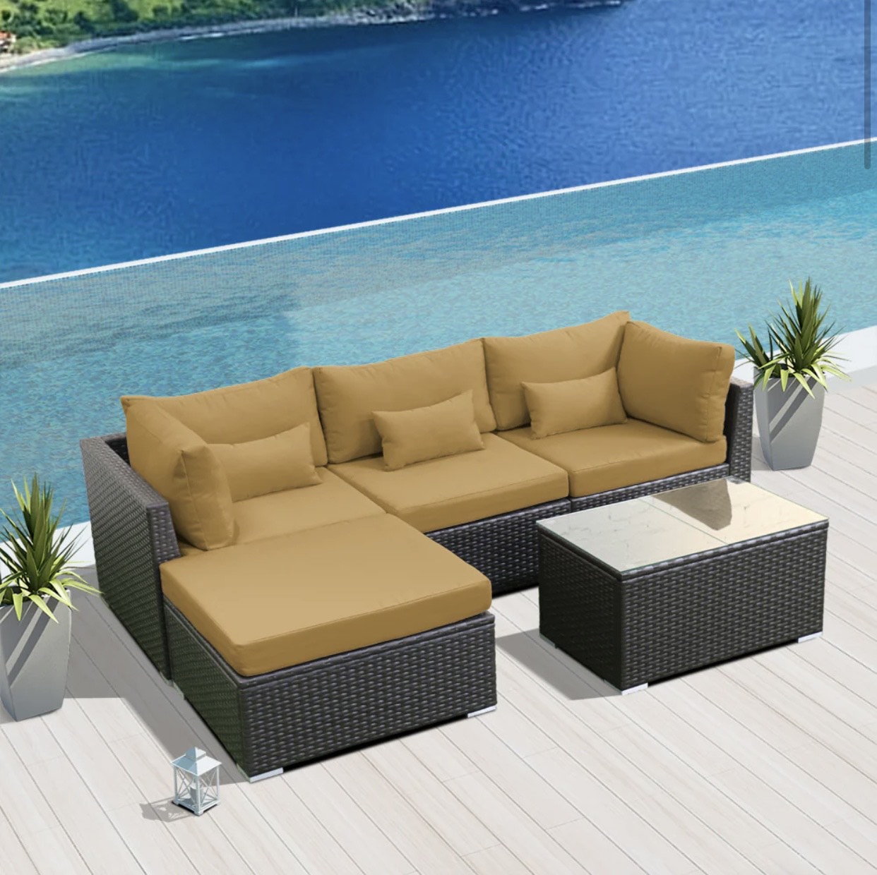 Beige Dark Brown Outdoor Modern Wicker Patio Furniture Sofa Set 5 Five Piece