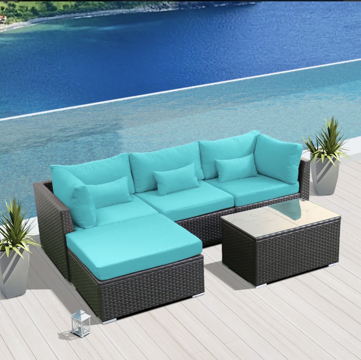 Blue Turquoise Outdoor Modern Wicker Patio Furniture Sofa Set 5 Five Piece