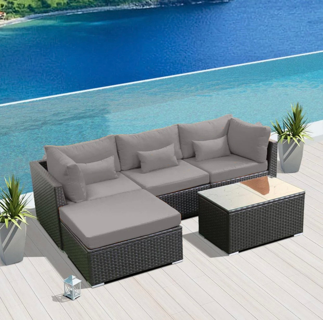 Grey Light Gray Outdoor Modern Wicker Patio Furniture Sofa Set 5 Five Piece