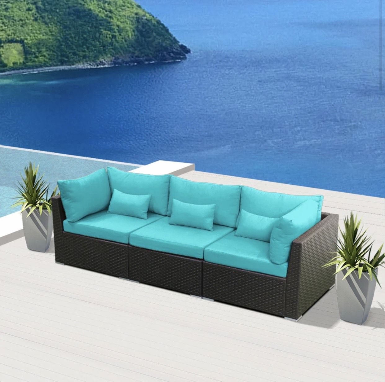 Blue Turquoise Outdoor Modern Patio Wicker Furniture Sofa Set Sunset Beach 3 Three Piece