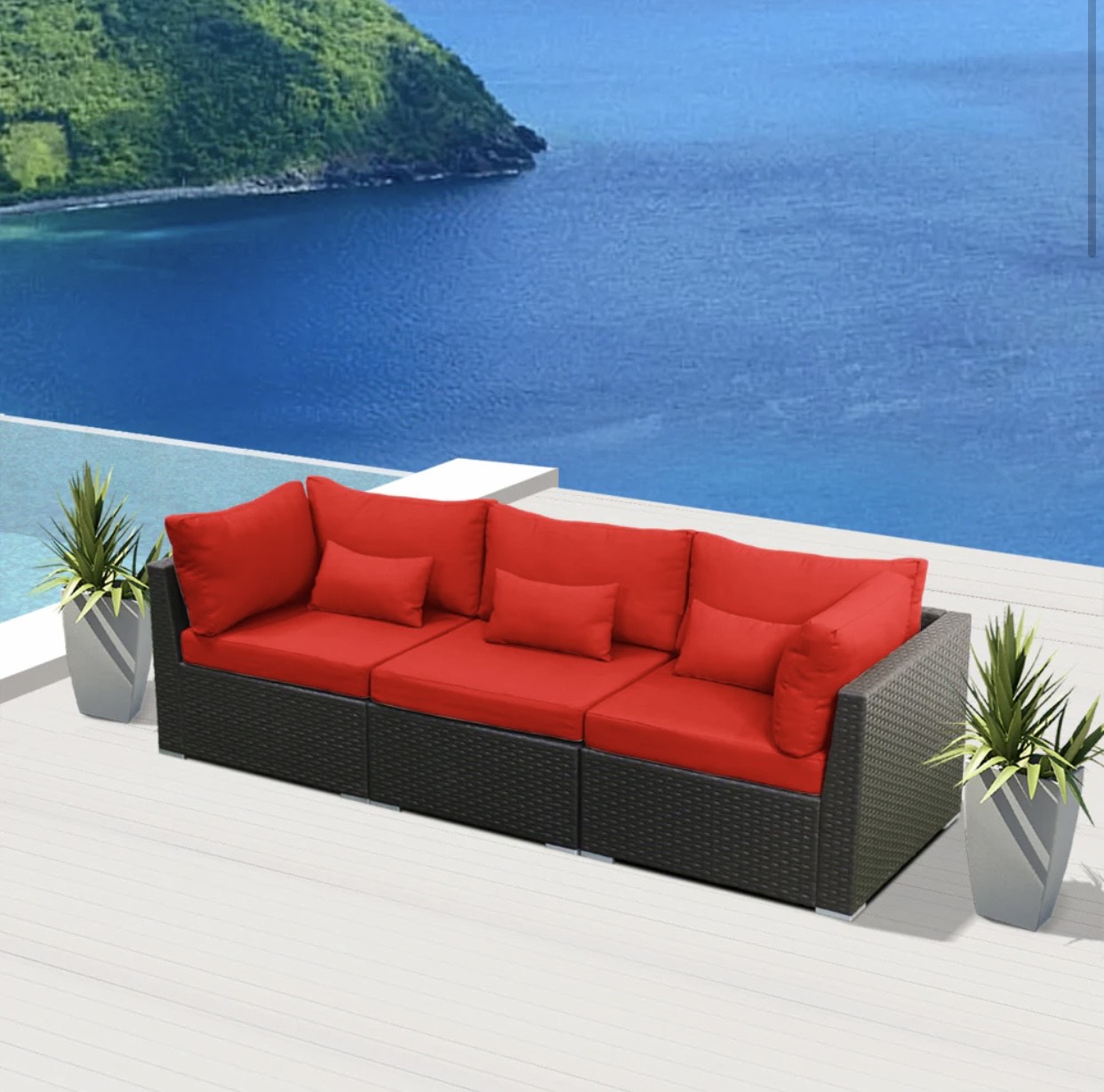 Crimson Red Outdoor Modern Patio Wicker Furniture Sofa Set Sunset Beach 3 Three Piece