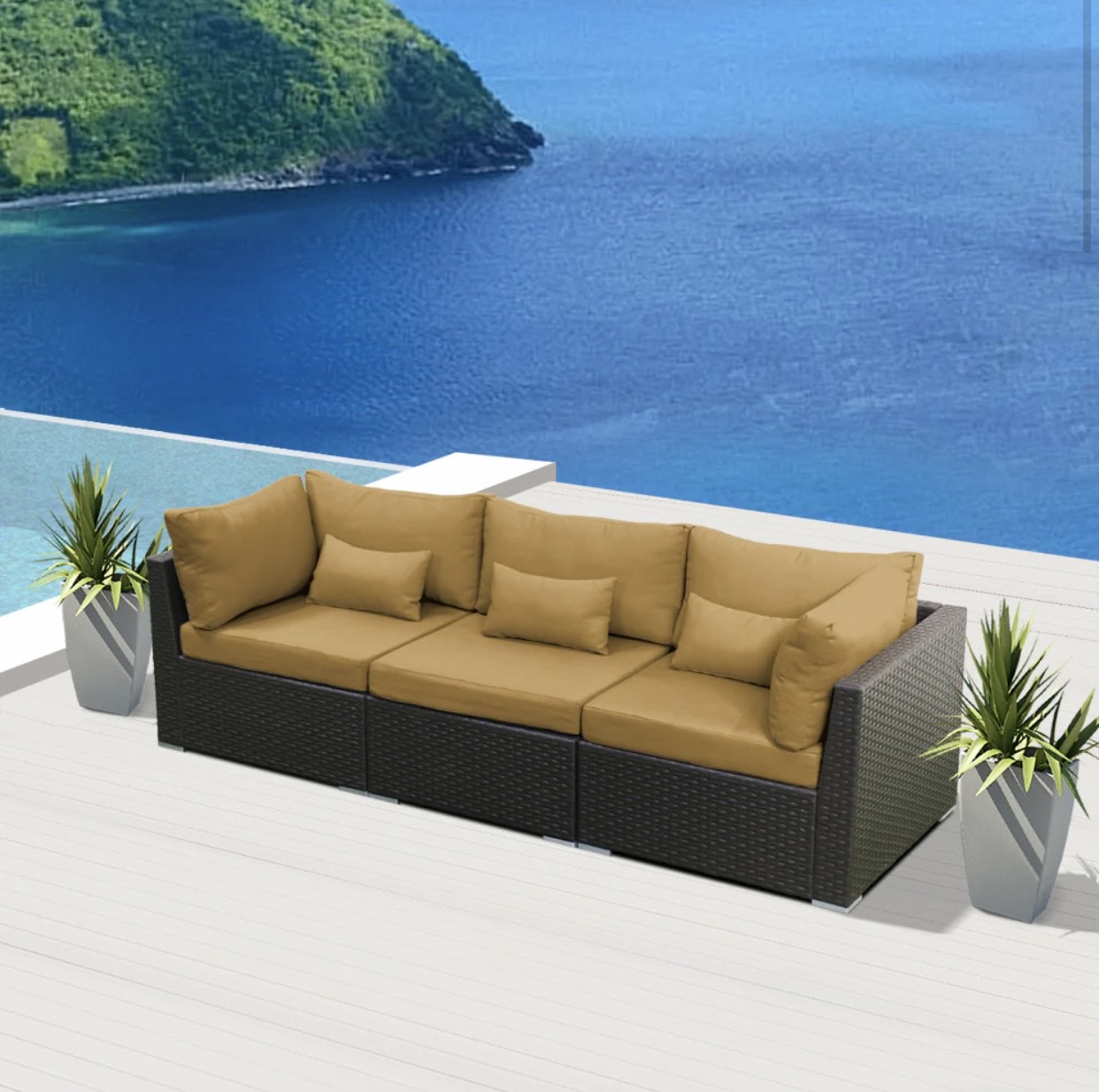 Dark Brown Beige Outdoor Modern Patio Wicker Furniture Sofa Set  Sunset Beach 3 Three Piece