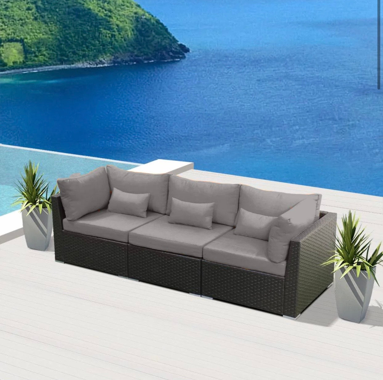 Gray Light Grey Outdoor Modern Patio Wicker Furniture Sofa Set Sunset Beach 3 Three Piece