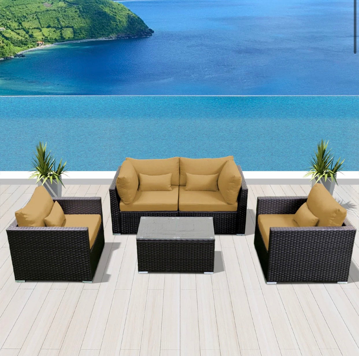 Beige Dark Brown Outdoor Modern Wicker Patio Furniture Sofa Set 5 Piece Five