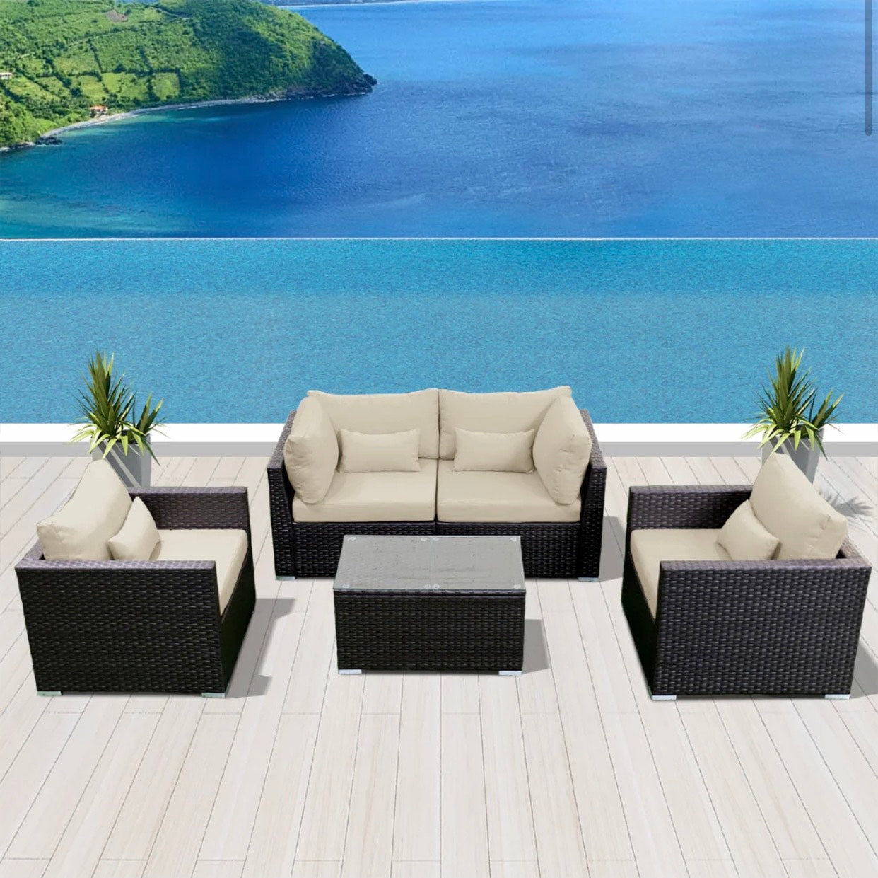 Khaki Light Beige Outdoor Modern Wicker Patio Furniture Sofa Set 5 Piece Five
