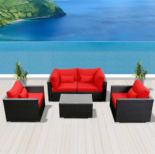 Crimson Red Outdoor Modern Wicker Patio Furniture Sofa Set 5 Piece Five