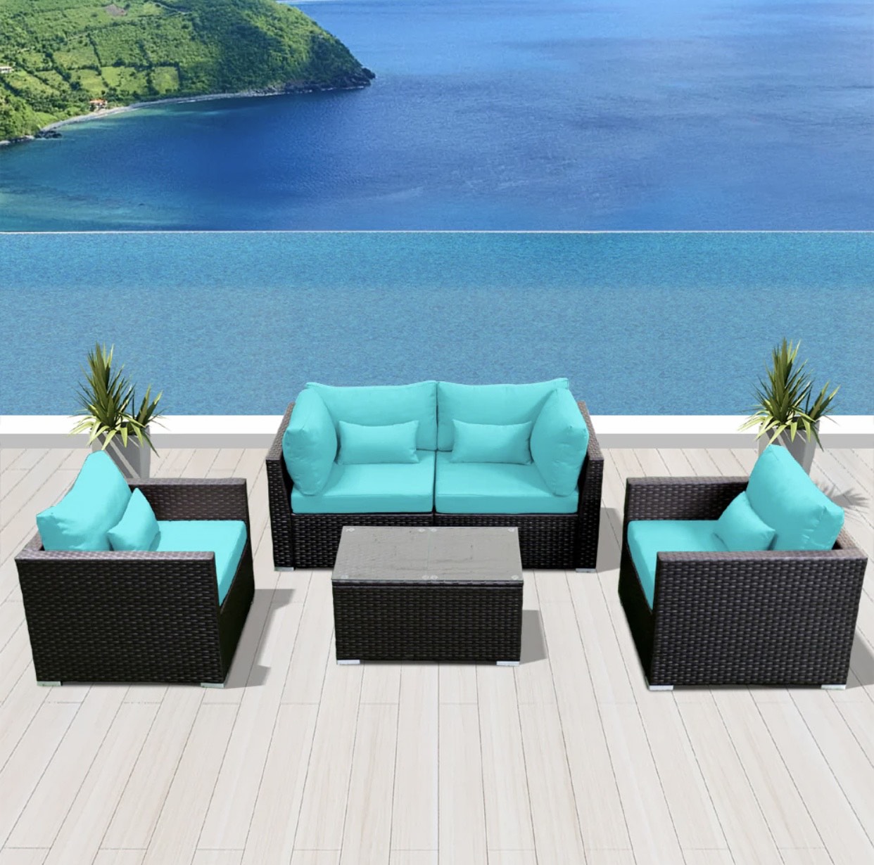 Blue Turquoise Outdoor Modern Wicker Patio Furniture Sofa Set 5 Piece Five