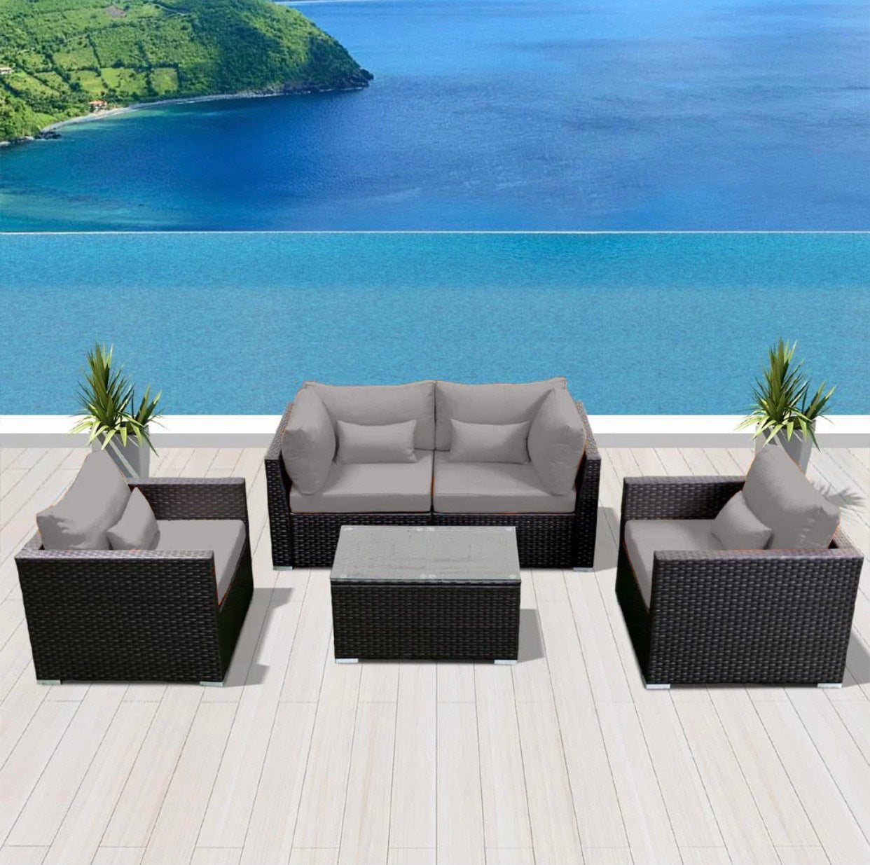 Grey Light Gray Outdoor Modern Wicker Patio Furniture Sofa Set 5 Piece Five