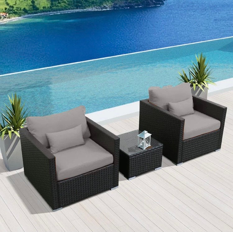 Gray Light Grey Outdoor Wicker Patio Furniture Sofa Set 3 Three Piece