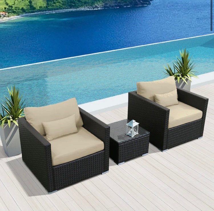 Khaki Light Beige Outdoor Wicker Patio Furniture Sofa Set 3 Three Piece