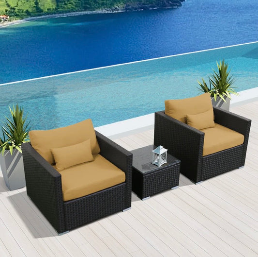 Brown Dark Beige Outdoor Wicker Patio Furniture Sofa Set 3 Three Piece