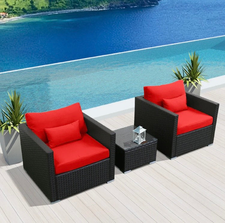 Crimson Red Outdoor Wicker Patio Furniture Sofa Set 3 Three Piece