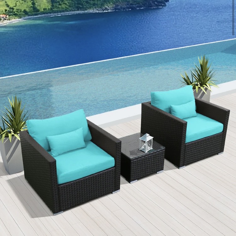 Turquoise Blue Outdoor Wicker Patio Furniture Sofa Set 3 Three Piece