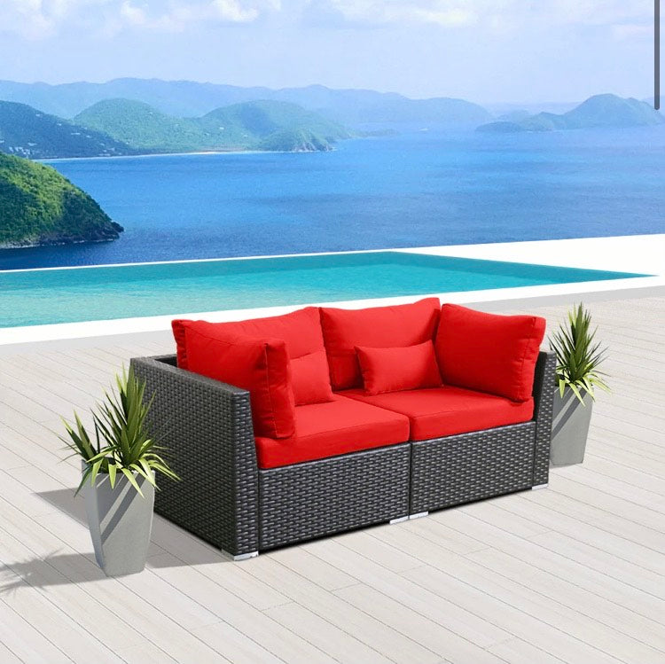 Crimson Red Outdoor Furniture Love Seat Modern Patio Wicker Set 2 Piece Two