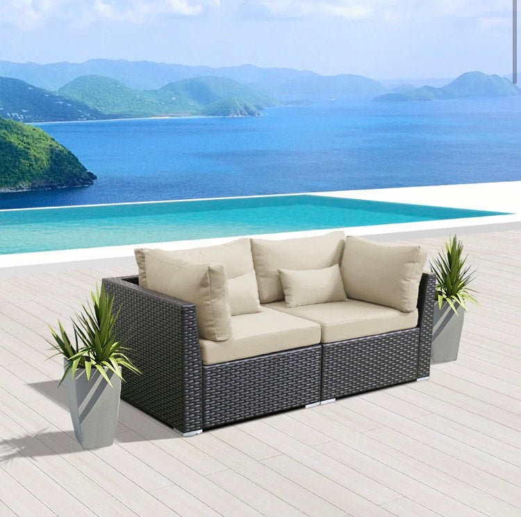 Light Beige  Khaki Outdoor Furniture Love Seat Modern Patio Wicker Set 2 Piece Two