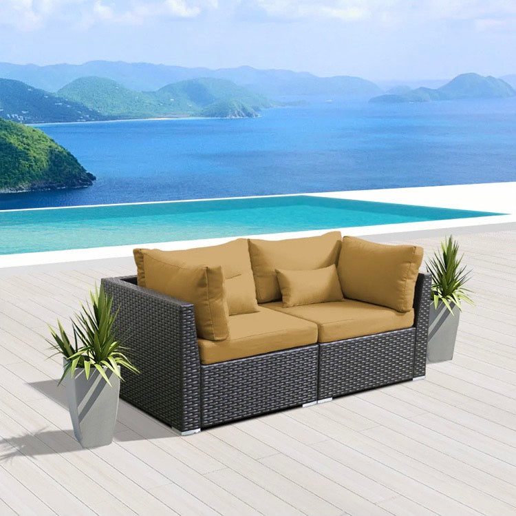 Dark Beige Brown Outdoor Furniture Love Seat Modern Patio Wicker Set 2 Piece Two