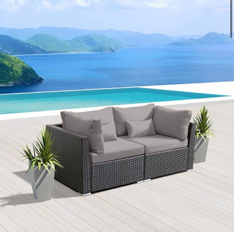 Light Gray / Grey Outdoor Furniture Love Seat Modern Patio Wicker Set 2 Piece Two