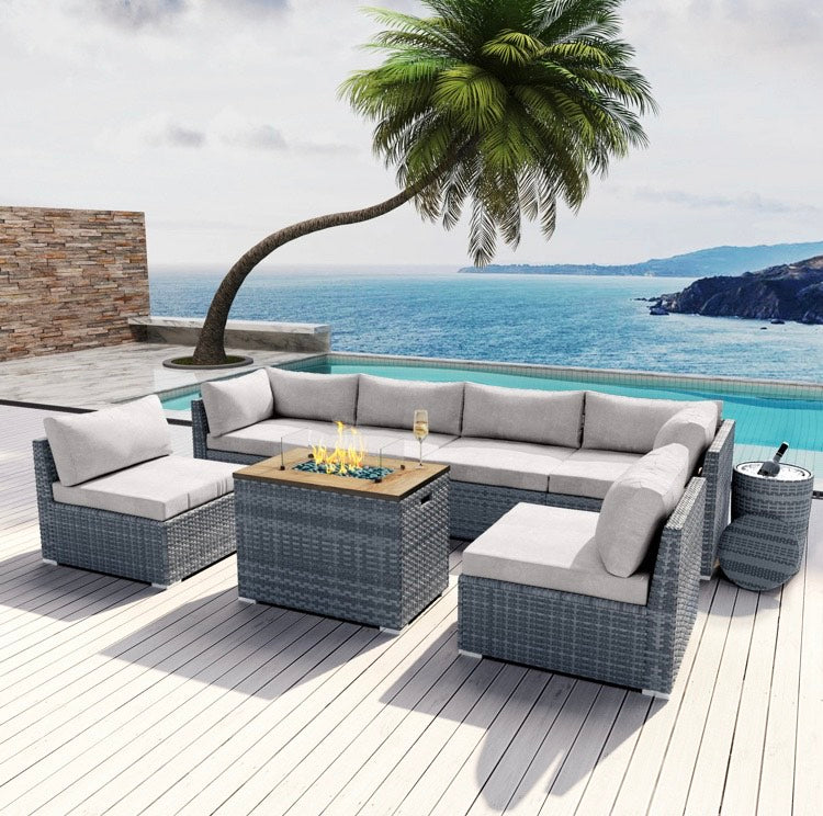 Light Grey Collection 8 pcs Outdoor Patio Wicker Sectional with Rectangular Fire Pit Gray Wicker and Ice Champagne Bucket