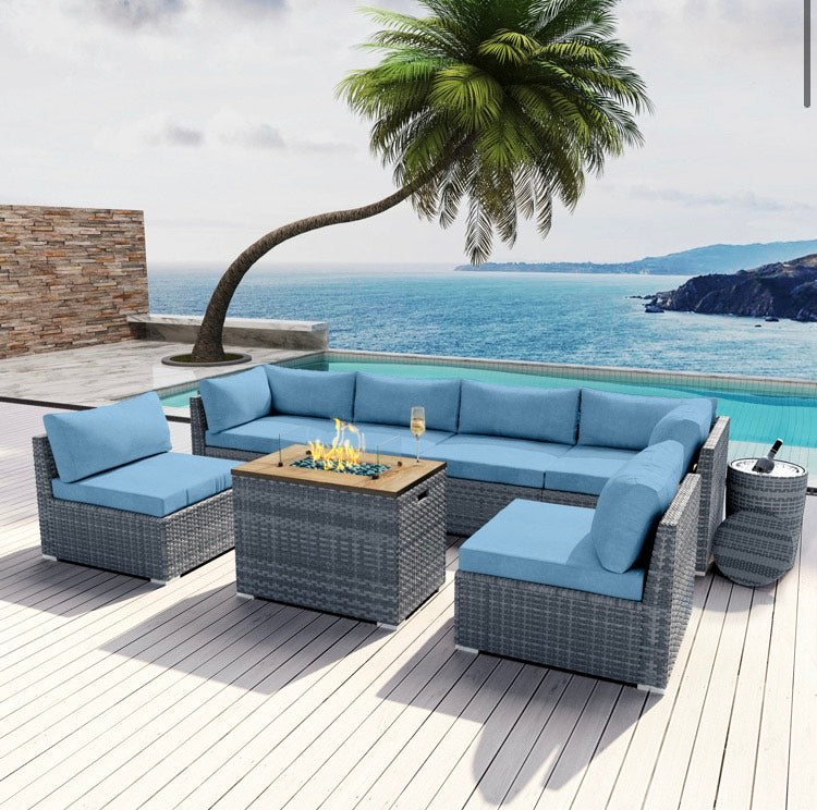 Blue Collection 8 pcs Outdoor Patio Wicker Sectional with Rectangular Fire Pit Gray Wicker and Ice Champagne Bucket