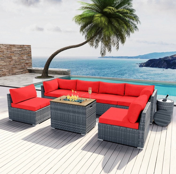 Crimson Red Collection 8 pcs Outdoor Patio Wicker Sectional with Rectangular Fire Pit Gray Wicker and Ice Champagne Bucket