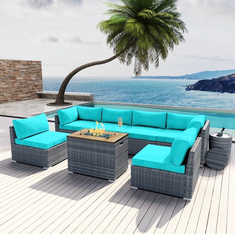 Blue Turquoise Collection 8 pcs Outdoor Patio Wicker Sectional with Rectangular Fire Pit Gray Wicker and Ice Champagne Bucket