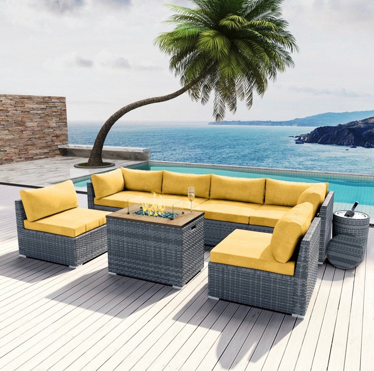 Royal Yellow Collection 8 pcs Outdoor Patio Wicker Sectional with Rectangular Fire Pit Gray Wicker and Ice Champagne Bucket