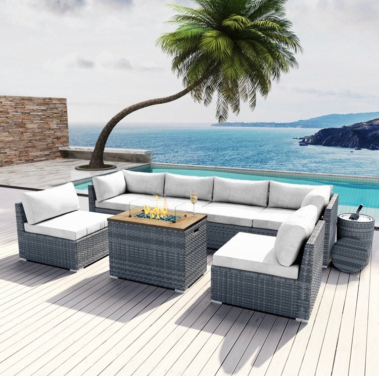 White Collection 8 pcs Outdoor Patio Wicker Sectional with Rectangular Fire Pit Gray Wicker and Ice Champagne Bucket