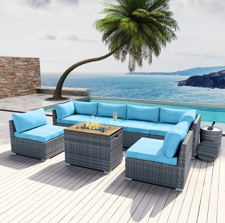 Sky Blue Collection 8 pcs Outdoor Patio Wicker Sectional with Rectangular Fire Pit Gray Wicker and Ice Champagne Bucket