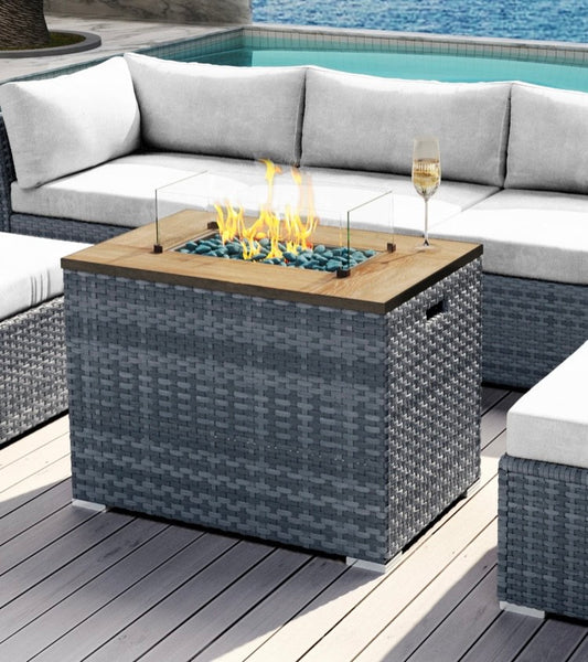 Rectangular Fire Pit Table Collection Gray Wicker Resin.