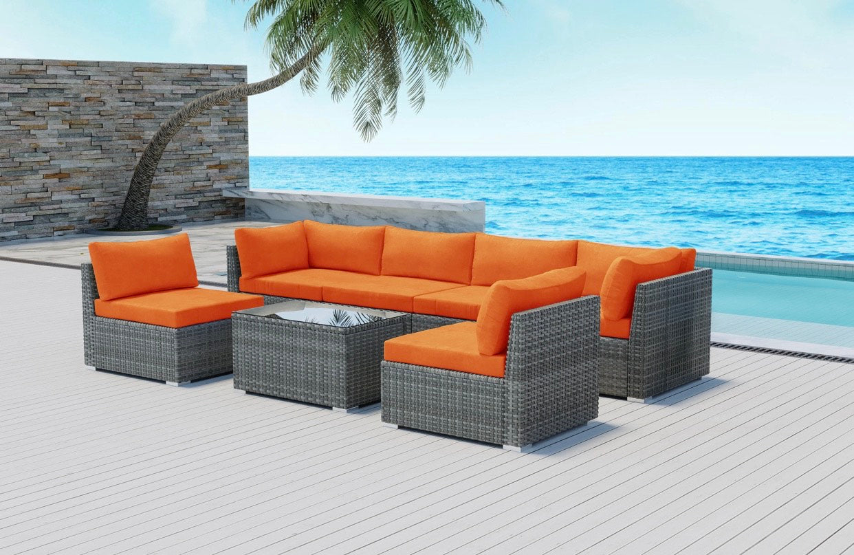 Orange Gem 7 Piece Outdoor Sectional Wicker plus Rectangular Coffee Table with tempered glass Grey Wicker