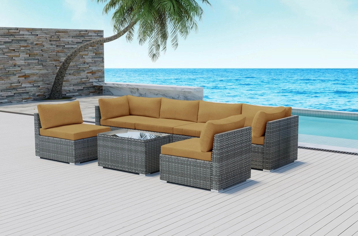 Beige Dark Brown Gem 7 Piece Outdoor Sectional Wicker plus Rectangular Coffee Table with tempered glass Grey Wicker