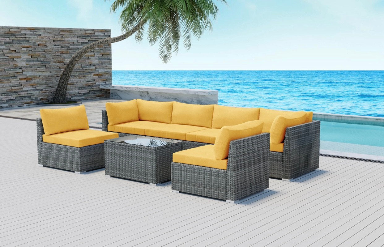Royal Yellow Gem 7 Piece Outdoor Sectional Wicker plus Rectangular Coffee Table with tempered glass Grey Wicker