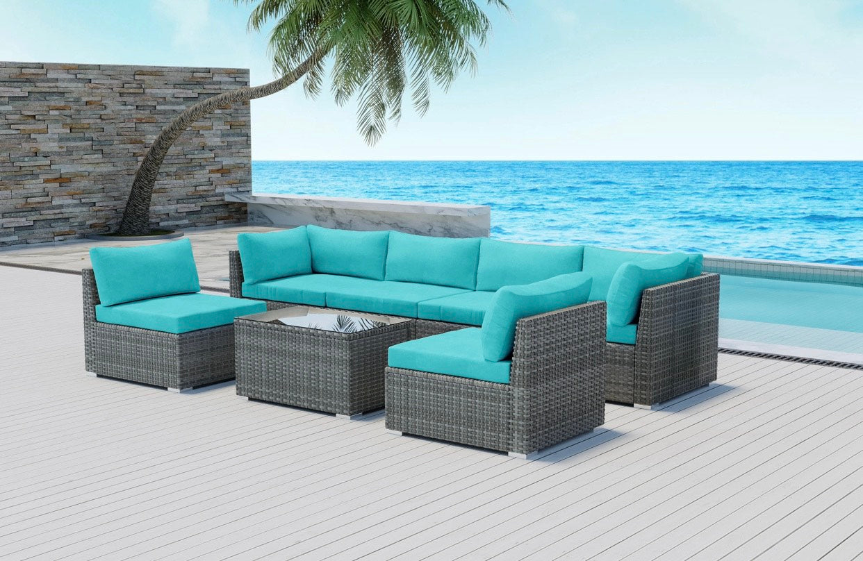 Blue Turquoise Gem 7 Piece Outdoor Sectional Wicker plus Rectangular Coffee Table with tempered glass Grey Wicker