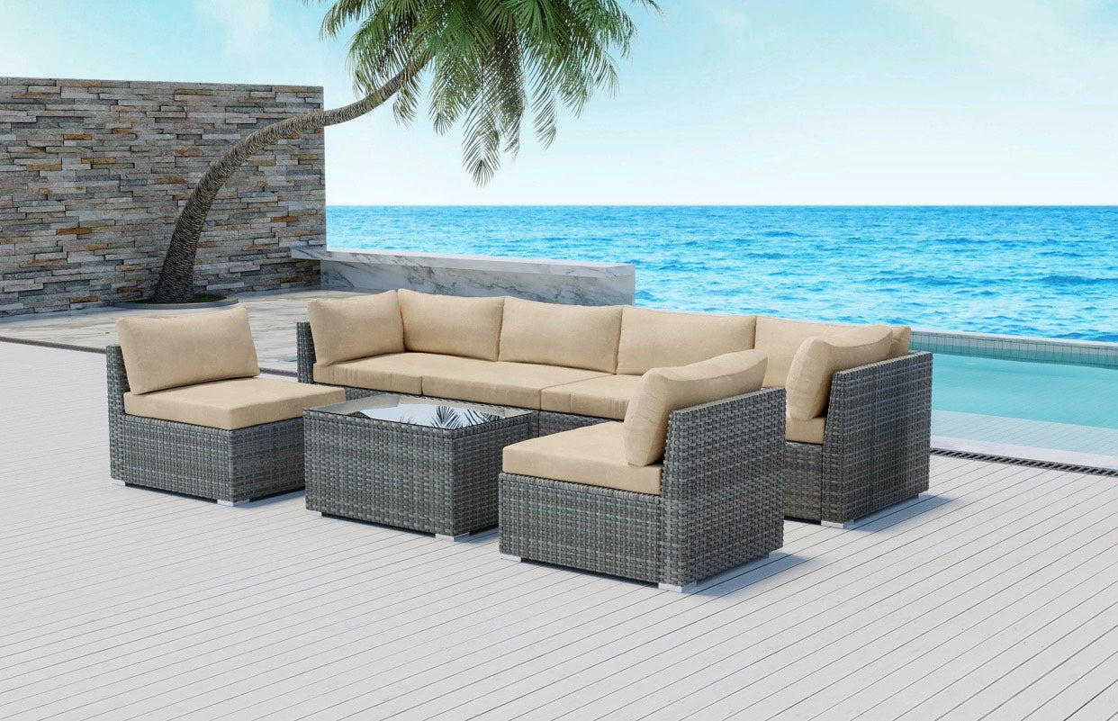 Gem 7 Piece Outdoor Furniture Houston Texas Sectional Wicker plus Rectangular Coffee Table with tempered glass Grey Wicker