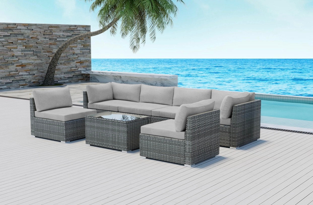Light Gray Gem 7 Piece Outdoor Sectional Wicker plus Rectangular Coffee Table with tempered glass Grey Wicker