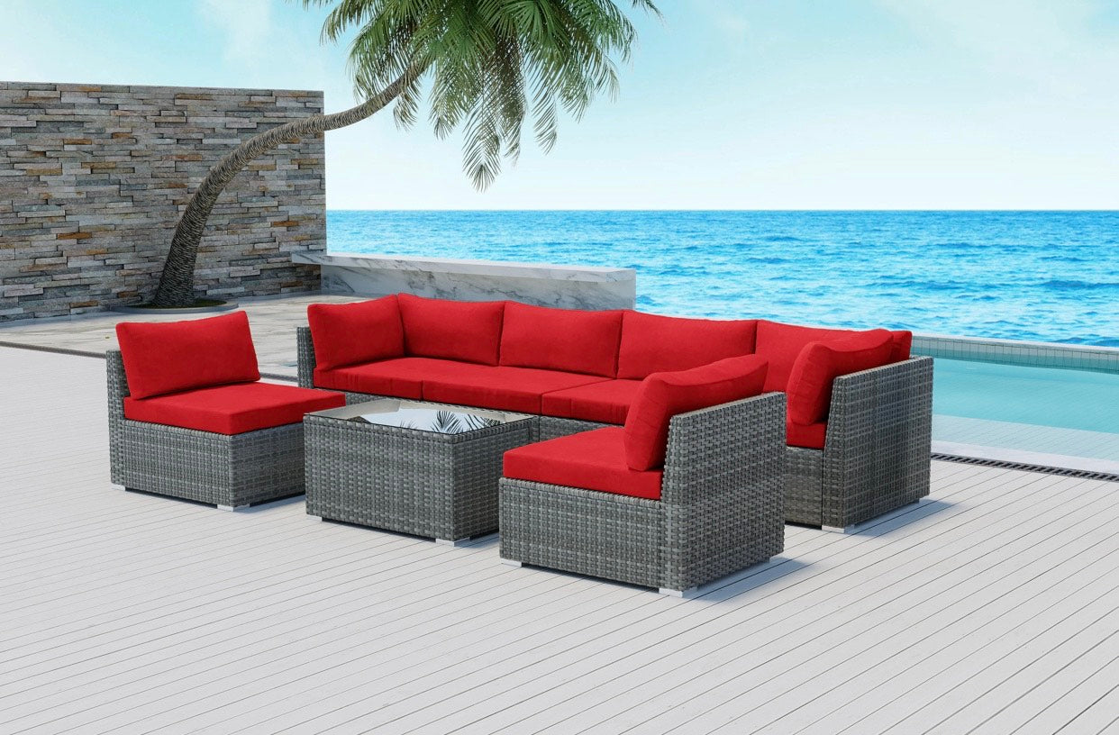 Crimson Red Gem 7 Piece Outdoor Sectional Wicker plus Rectangular Coffee Table with tempered glass Grey Wicker