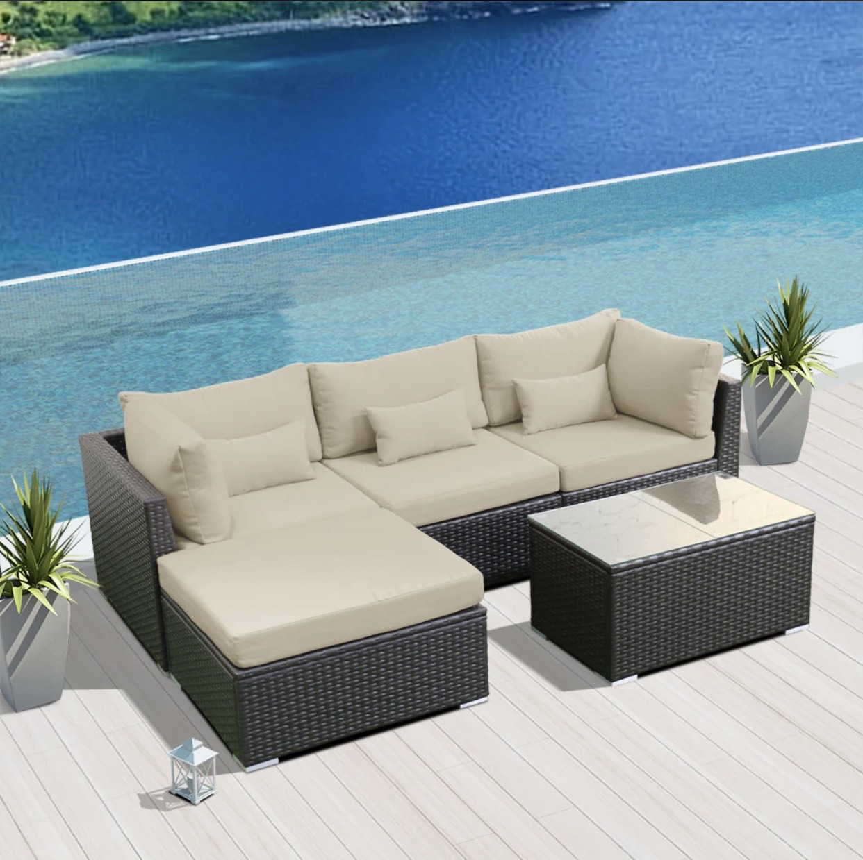 Khaki Light Beige Outdoor Modern Wicker Patio Furniture Sofa Set 5 Five Piece