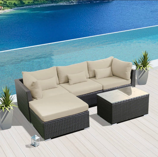 Khaki Light Beige Outdoor Modern Wicker Patio Furniture Sofa Set 5 Five Piece
