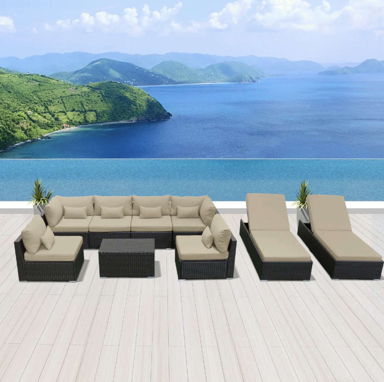 Khaki Light Beige Outdoor Modern Patio Wicker Furniture Sofa Set Laguna Beach 9 Piece Nine