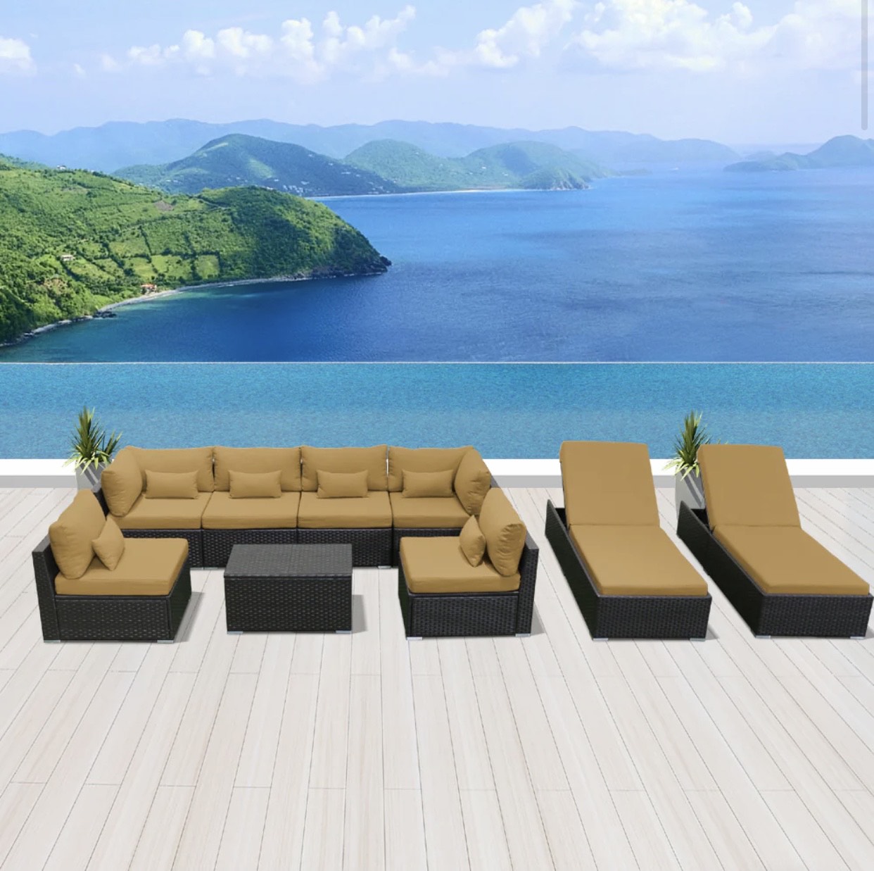 Beige Dark Brown Outdoor Modern Patio Wicker Furniture Sofa Set Laguna Beach 9 Piece Nine